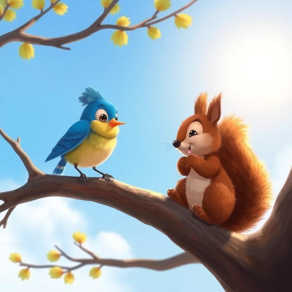 Sammy the Squirrel, with fluffy brown fur, talking to Bella the bluebird with bright blue feathers on a tree branch, in a sunny sky, whimsical illustration, warm light, happy scene, colorful