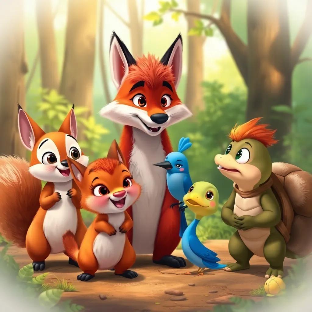 Sammy the Squirrel, Bella the bluebird, and Timmy the Turtle, looking surprised and excited as they meet Fox with fluffy red fur in the woods, cheerful expression, illustrative, colorful, inviting atmosphere