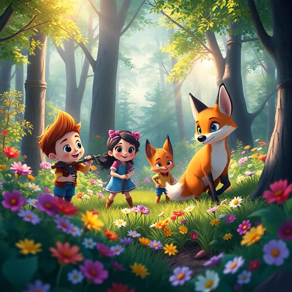Sammy, Bella, Timmy, and Fox searching together in a vibrant forest, filled with colorful flowers, sunlight filtering through the trees, a sense of adventure, playful scene, child-friendly illustration