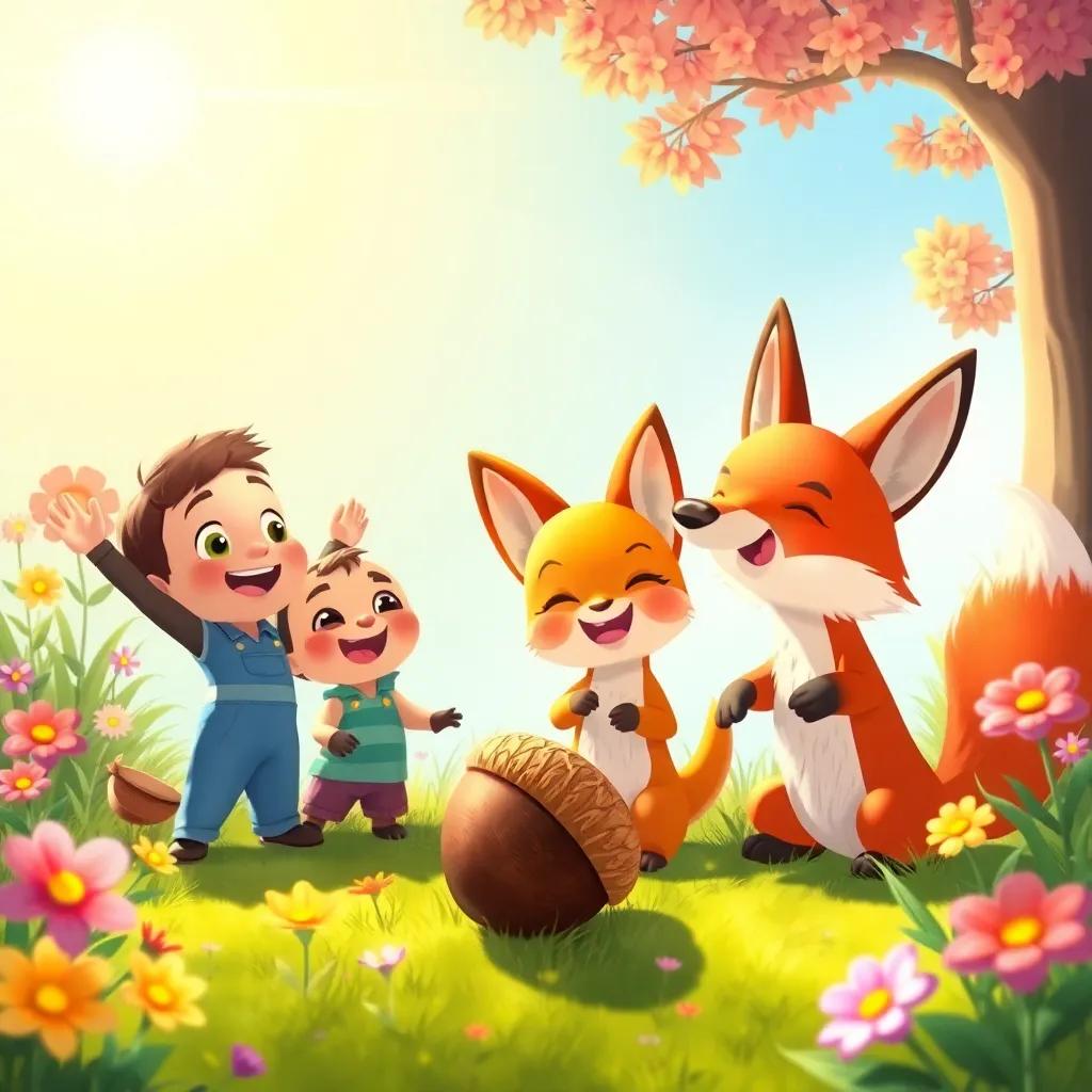 A joyful scene of Sammy, Bella, Timmy, and Fox celebrating as they find Sammy's acorn under the bright sunlight near colorful flowers, happy expressions, vibrant and colorful style, children’s book art, warm and inviting