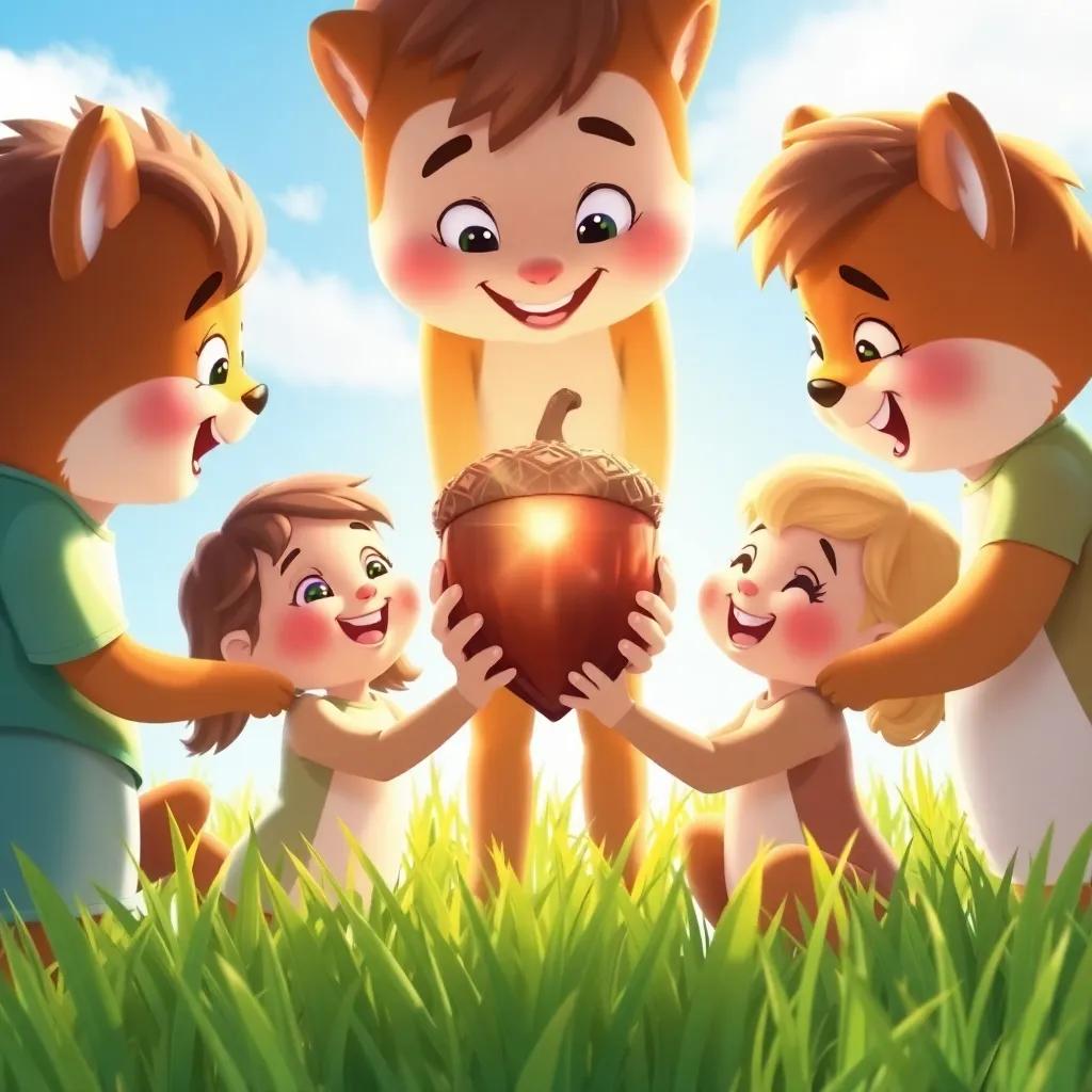 The group of friends holding the shiny acorn together, surrounded by bright green grass, under a clear blue sky, expressing joy, cheerful and heartwarming scene, colorful, illustration for children