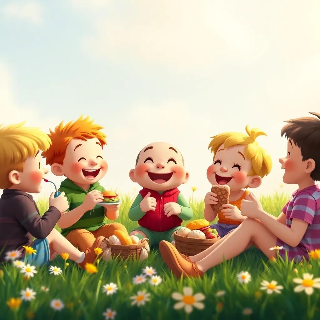 Sammy and his friends sharing delicious snacks and laughing, sitting in a meadow with flowers, a sense of community and sharing, delightful warm colors, friendly children’s book illustration, joyful atmosphere