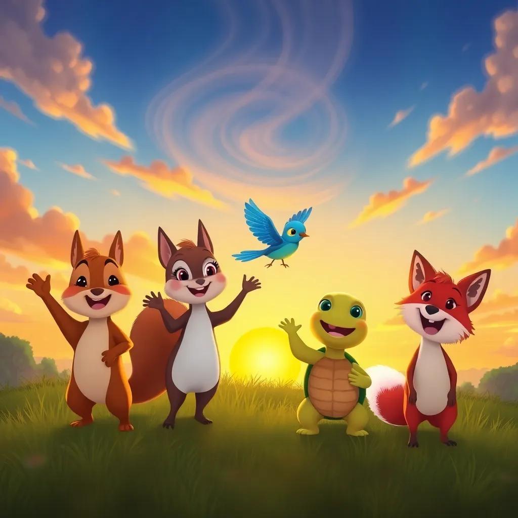 Sammy the Squirrel, Bella the bluebird, Timmy the Turtle, and Fox waving goodbye, with smiles on their faces, surrounded by a beautiful sunset and a swirling sky, joyful and upbeat, children’s book illustration