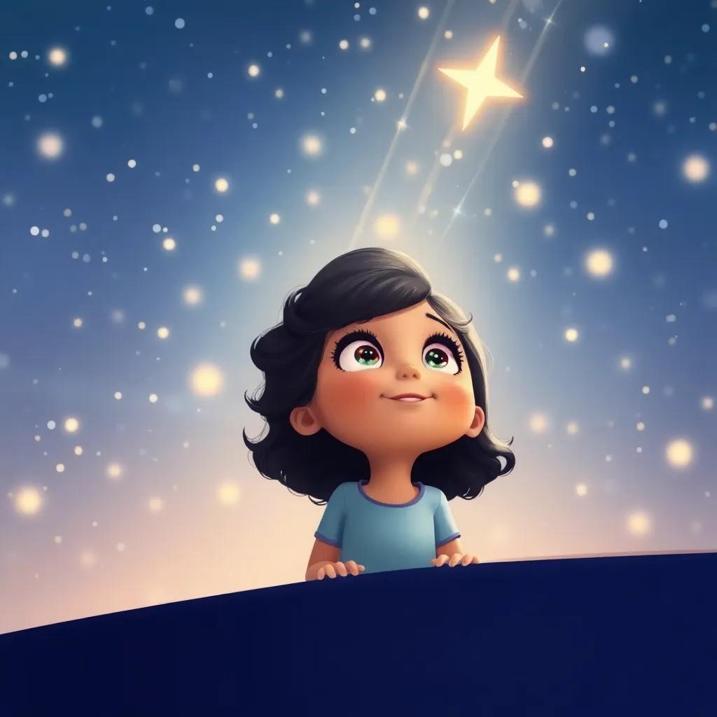 A little girl named Bella, with big curious eyes and dark curls, looking up at the starry sky with wonder, surrounded by twinkling lights, illustration, joyful expression, children’s style