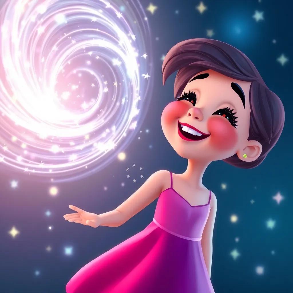 A swirling silver light dancing around Bella, creating magical sparkles in the air, as she laughs and gazes at the twinkling stars, vibrant colors, cheerful atmosphere, child-friendly art