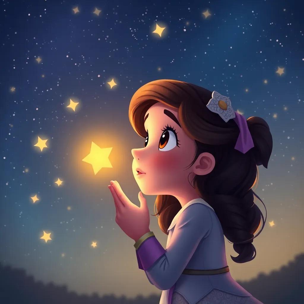 Bella whispering to the bright star Sammy, her expression filled with amazement under the starry night sky with shooting stars, digital art, enchanting, warm paints, heartwarming