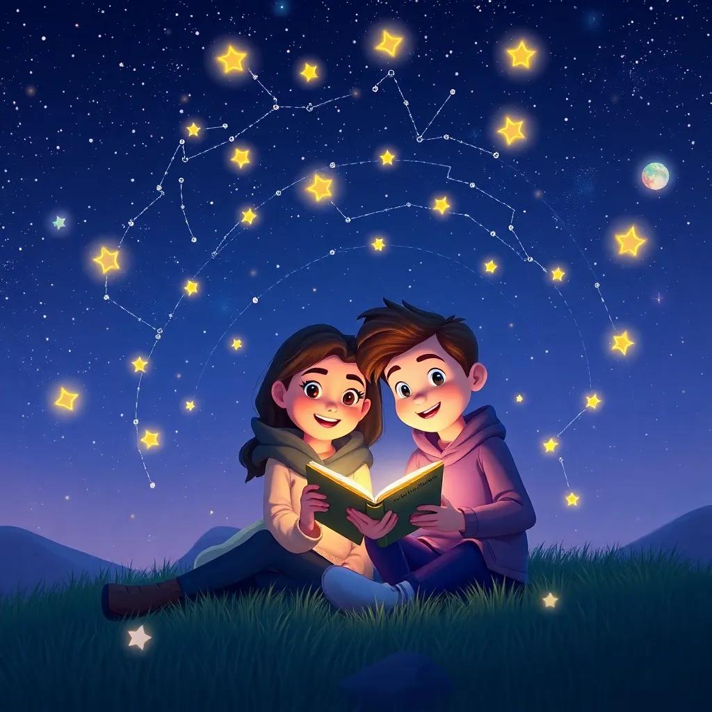 A magical journey with Bella and Sammy illuminating constellations in the night sky, with stars sparkling around them as they share stories, adventure-themed art, vibrant colors, uplifting