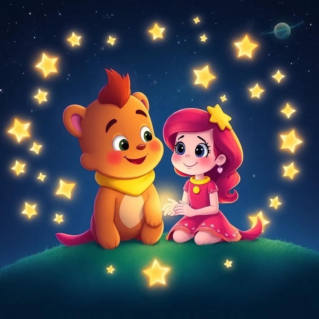 Sammy and Bella together, surrounded by a circle of sparkling stars, with Bella making wishes and feeling empowered, glowing softly against the night sky, digital art, bright colors, whimsical