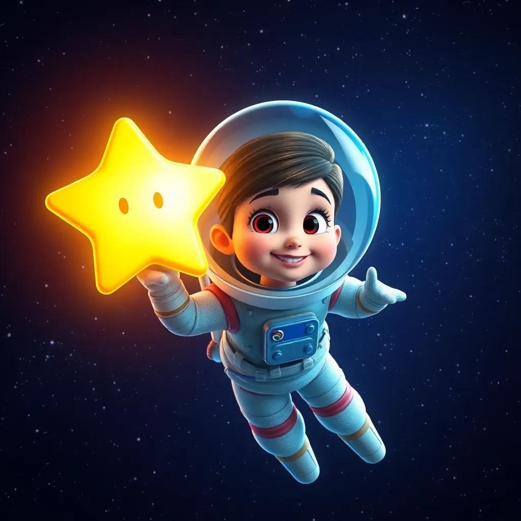 An older Bella in an astronaut suit floating in space, with Sammy the Star shining proudly beside her in the dark universe, filled with endless twinkling stars, digital art, inspiring, vibrant colors