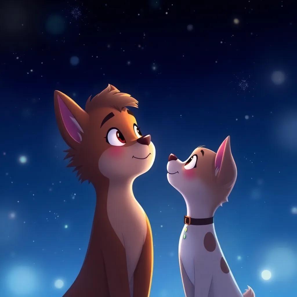 Bella looking up towards Sammy in the night sky, remembering their journey shared, with gentle lights sparkling around, meaningful and warm illustration, high quality