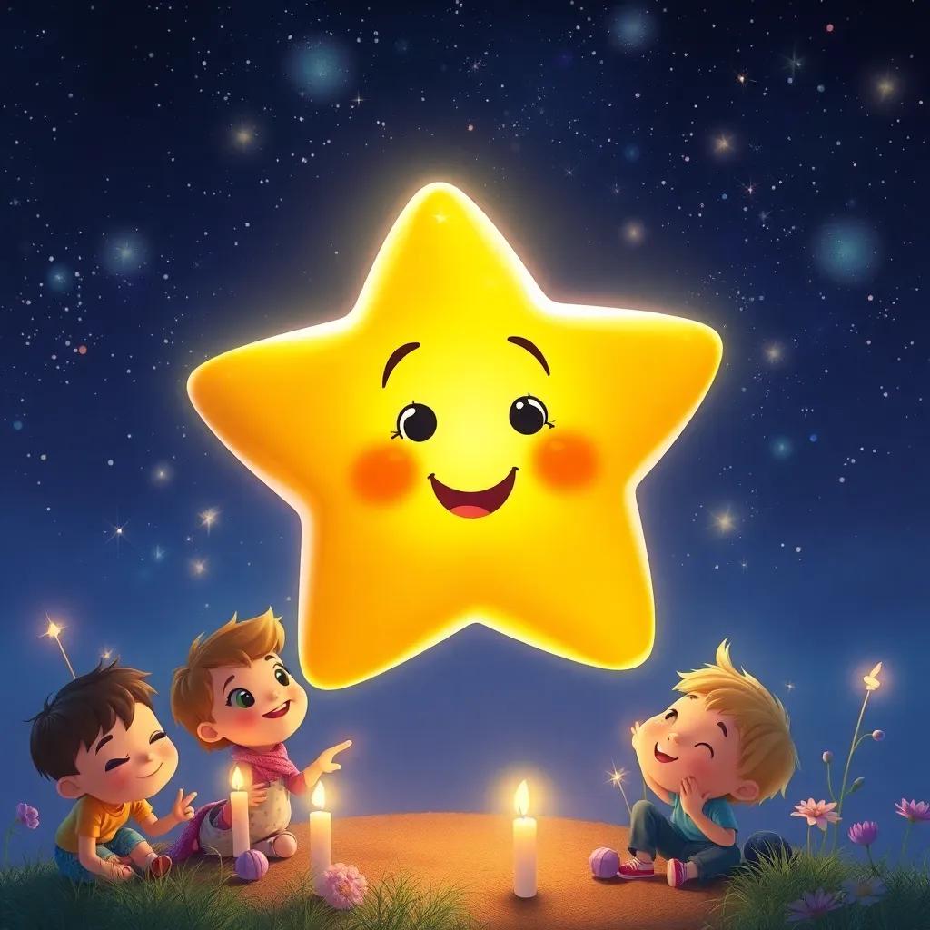 Sammy the Star twinkling in the dark sky, surrounded by new children making wishes, keeping the spirit of dreams alive, colorful, joyful and inviting atmosphere, magical art