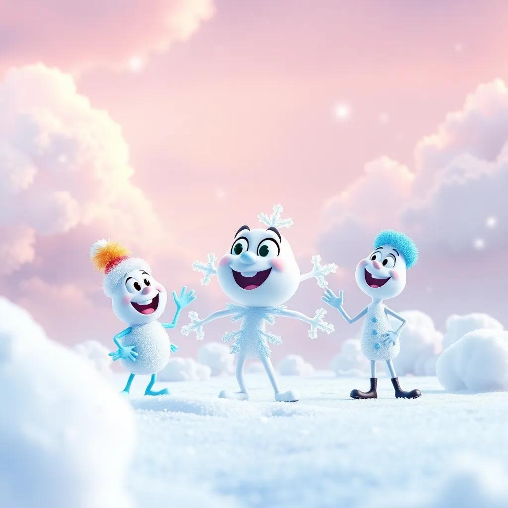 Sammy the snowflake talking with his friends, Frosty, Crystal, and Flake, they appear excited and curious, surrounded by cotton candy clouds, joyful winter sky, vibrant colors, dynamic perspective, playful vibe, high quality