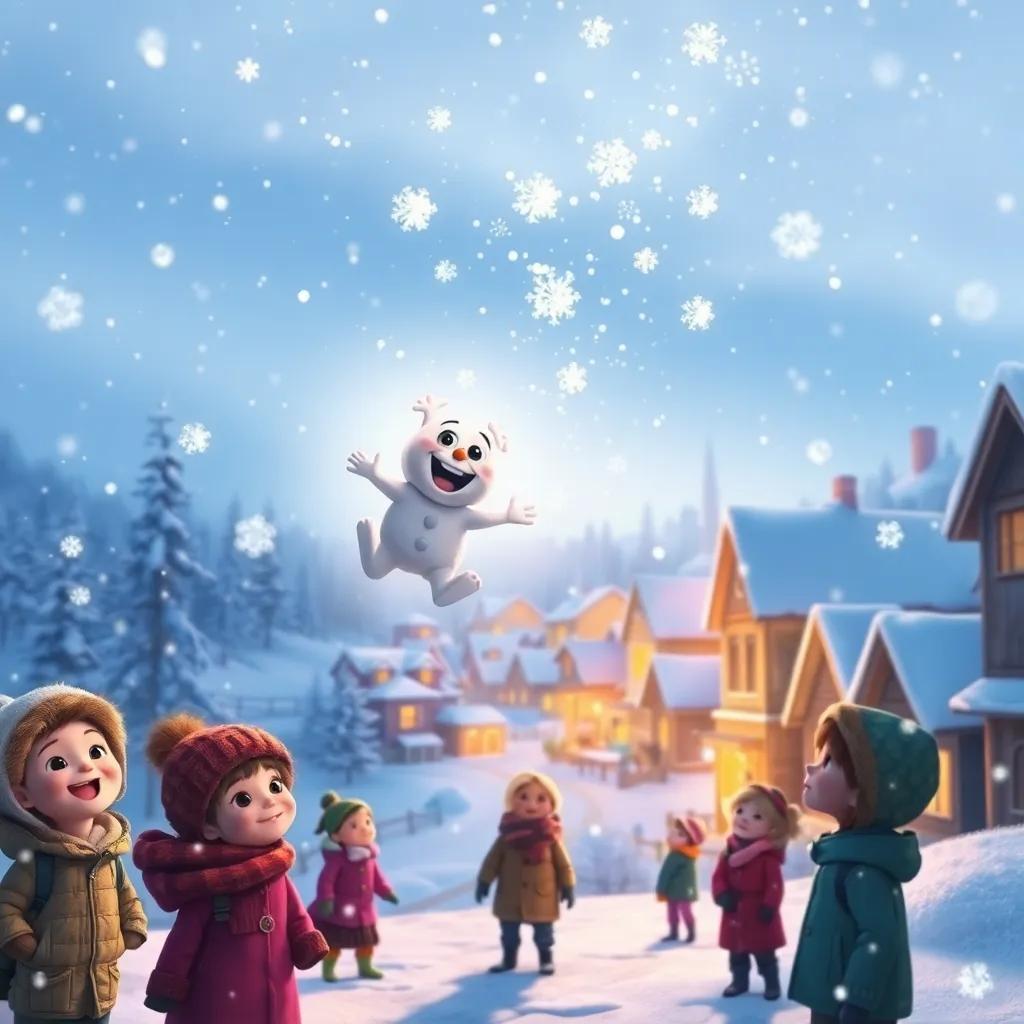 Sammy leading the snowflakes down towards a town, gliding through crisp winter air, excited faces as they look down at sad children, winter landscape sparkles, bright light, magical atmosphere, high quality
