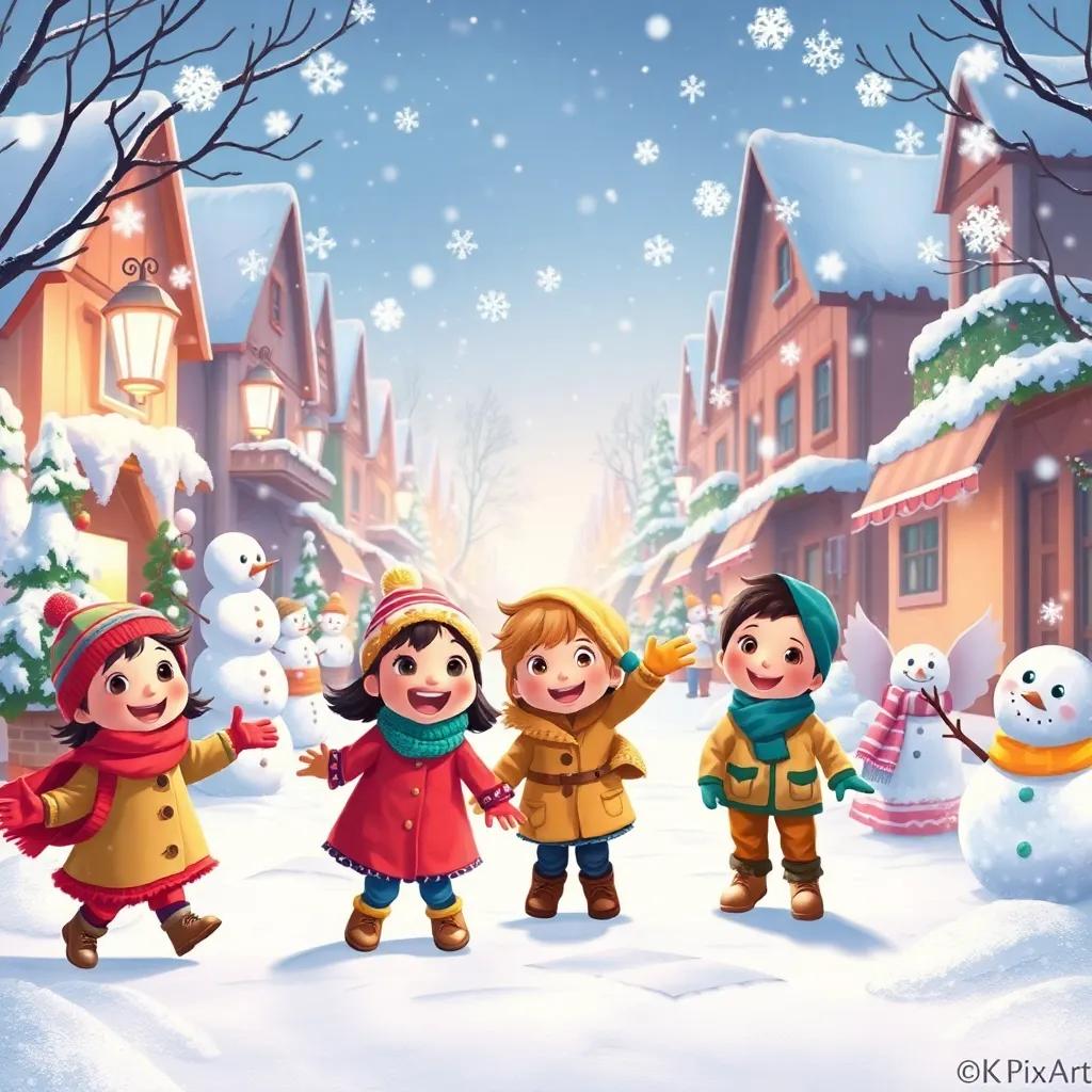 Snowflakes creating a snowy wonderland with children playing, joyful expressions on children's faces, snow falling delightfully, a snowy street filled with snowmen and angels, colorful and lively, heartwarming scene, high quality