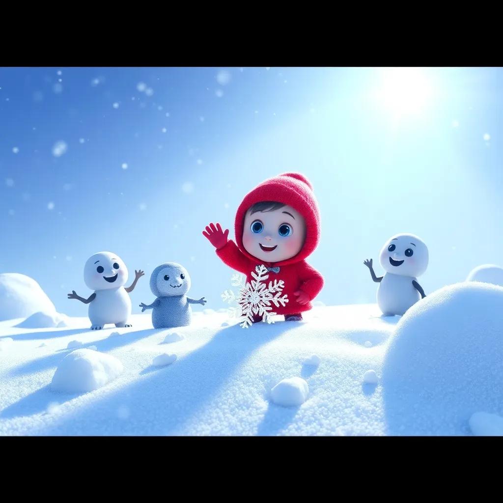 Sammy and his friends protecting the snow from a shadow of the sun, forming a beautiful frost shield, teamwork depicted through united snowflakes, winter wonderland under sunlight, calm and serene colors, high quality