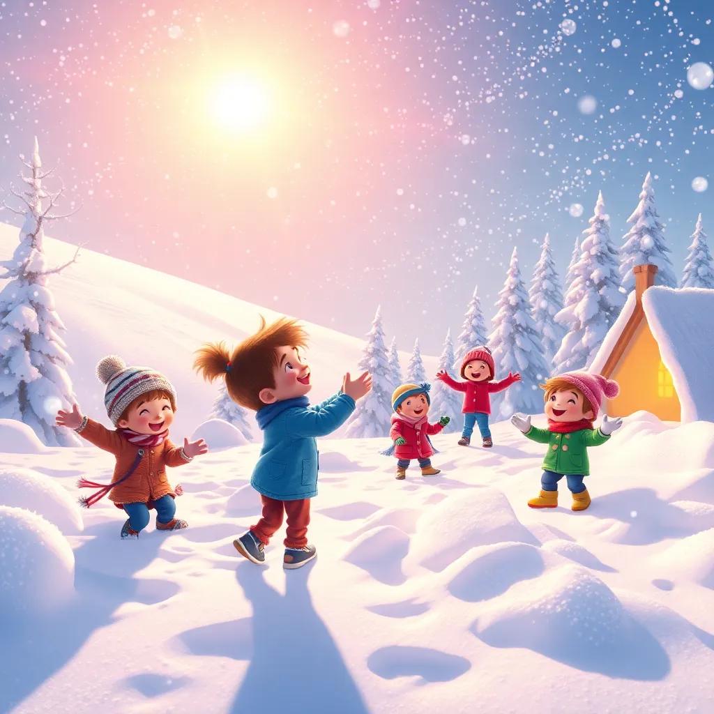 Children playing joyfully in the sparkly winter wonderland, building forts and snowball fights, laughter and happiness in the air, magical snowy landscape glowing under the sun, vibrant scene, high quality