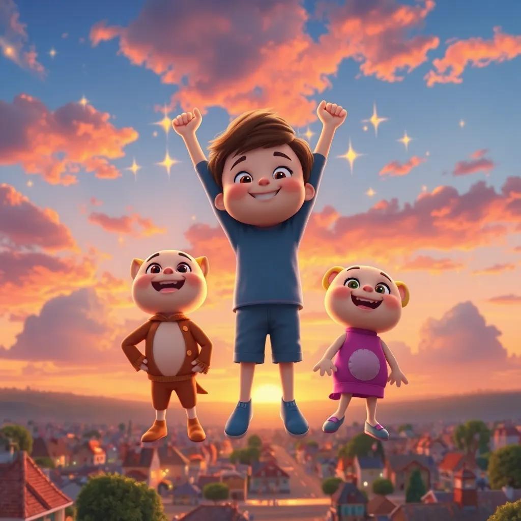 Sammy and his friends standing proudly in the sky, radiating smiles with sparkles, looking down at the happy town below, colorful sunset sky, a warm and heartening scene, high quality