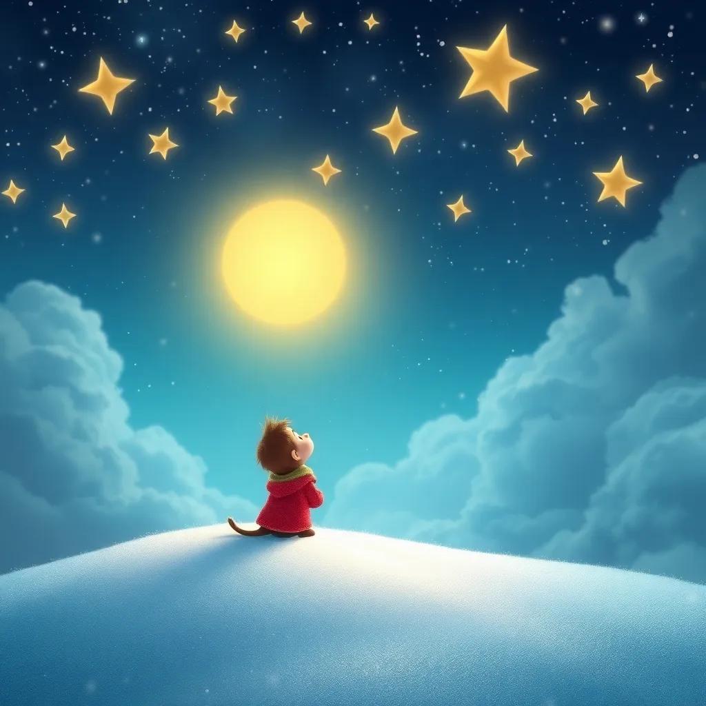Sammy whispering his dreams to the stars, a backdrop of twinkling stars surrounding the clouds, a gentle winter night with sparkling snowflakes, enchanting ambiance, high quality