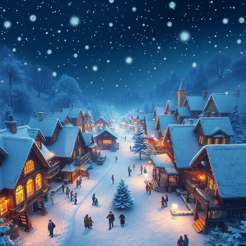 A cozy snowy village from above, twinkling lights and joyful people, snowflakes gently falling from the sky, peaceful winter night with a touch of magic, warm glow, high quality