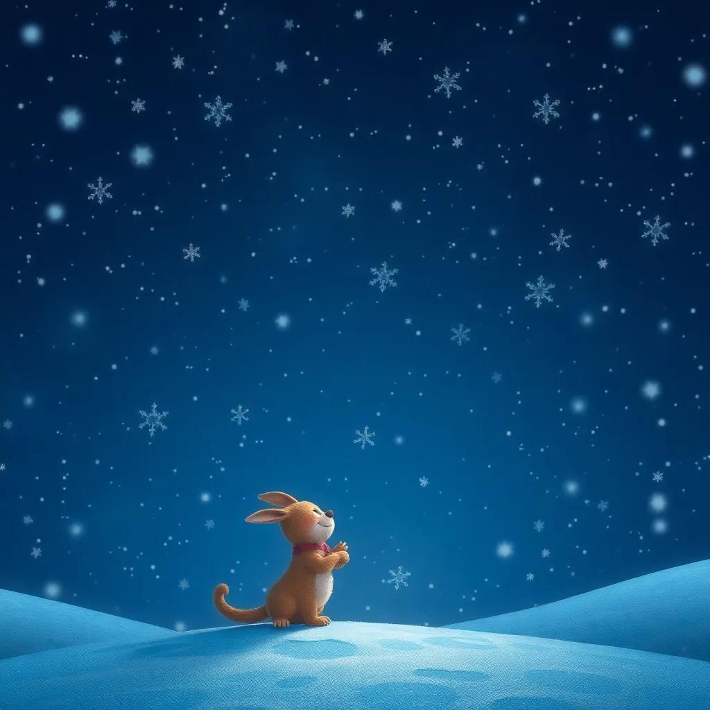 Sammy and the snowflakes twinkling in the night sky, reflections of stars in their forms, surrounded by a vast deep blue sky, magical winter night, serene atmosphere, high quality