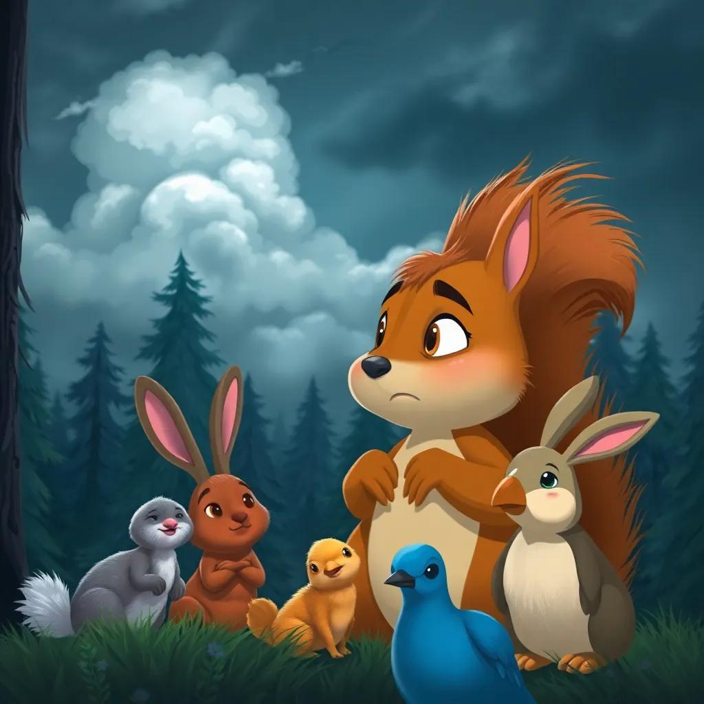 Sammy the squirrel looking worried as dark clouds gather in the sky, his friends gathered around him - a rabbit and a bird, cozy forest background, detailed illustration, cool colors, slightly anxious vibe, high quality