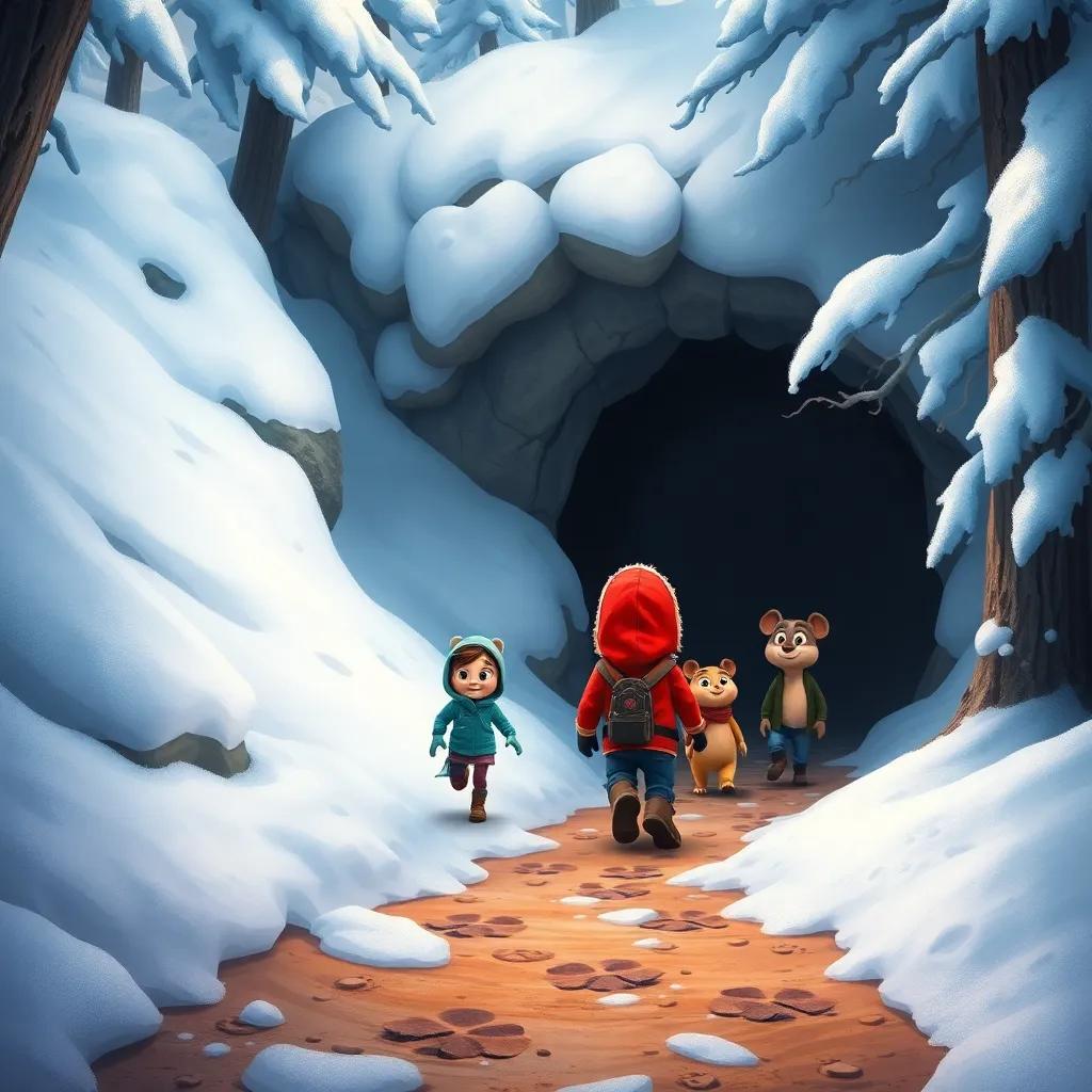 Sammy leading his friends to a snowy cave, with fluffy snow piling up around them, trees covered in white, muddy footprints leading into the cave, digital painting, vibrant colors, adventurous mood, child-friendly, high quality