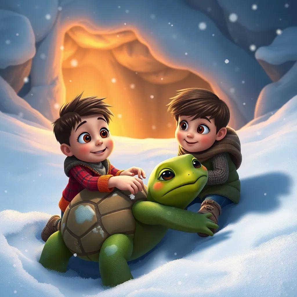 Sammy pulling Timmy the turtle out of the snow, with a backdrop of deep snow and falling snowflakes, determined expressions on their faces, warm light from the cave in the background, heartwarming scene, detailed art, uplifting, high quality