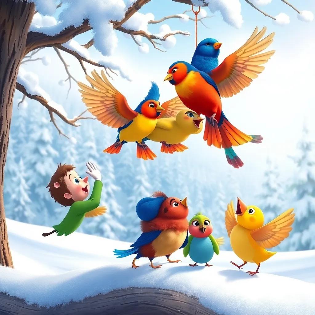 Sammy and friends helping a family of colorful birds as they fly down from a tree, snowy forest in the background, excitement and gratitude in the air, beautifully illustrated, bright colors, vibrant atmosphere, child-friendly, high quality
