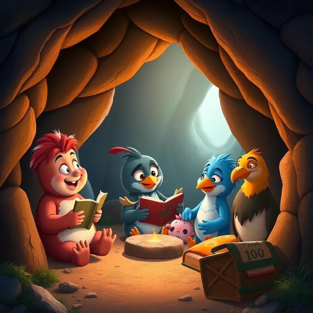A cozy cave filled with Sammy, Timmy, and the bird family, sitting around sharing stories, warm light illuminating their happy faces, detailed and inviting illustration, joyful mood, high quality