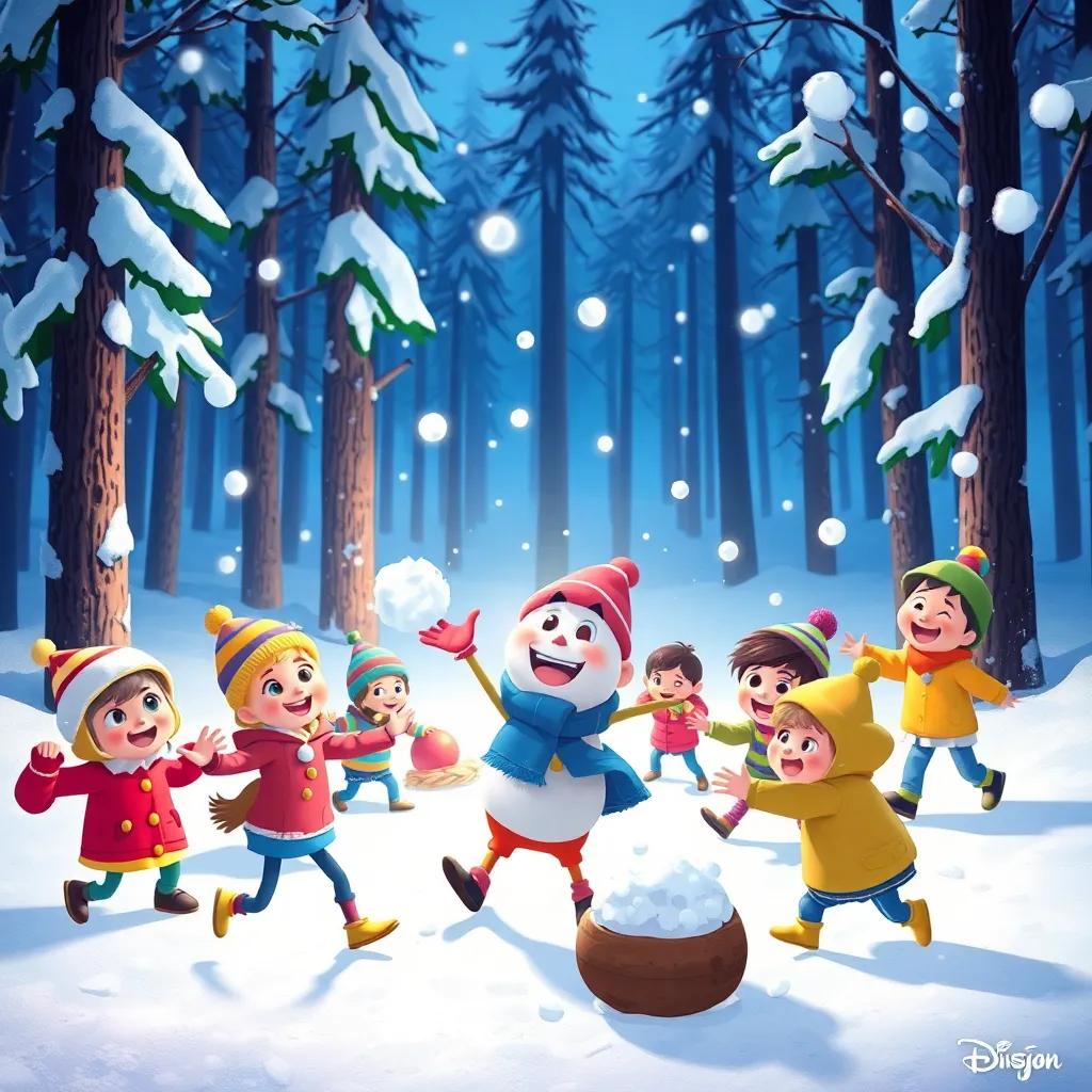 Everyone playing in the snowy forest, snowball fight with Sammy leading the fun, snowflakes sparkling in the sunlight, happy expressions all around, lively illustration, energetic, high quality