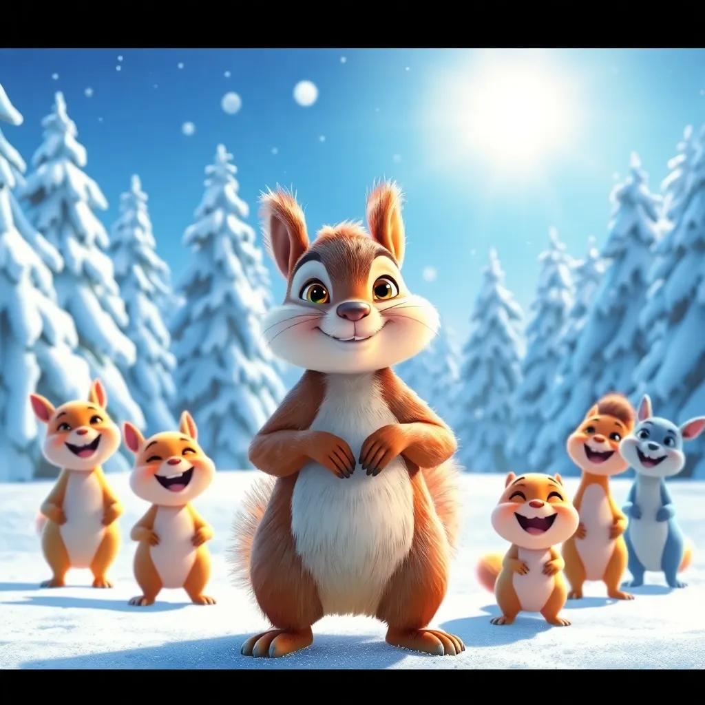 Sammy the squirrel standing proudly in the snow, surrounded by his friends all smiling, trees in the background covered with snow, bright sun shining down, joyful atmosphere, digital art, colorful composition, high quality