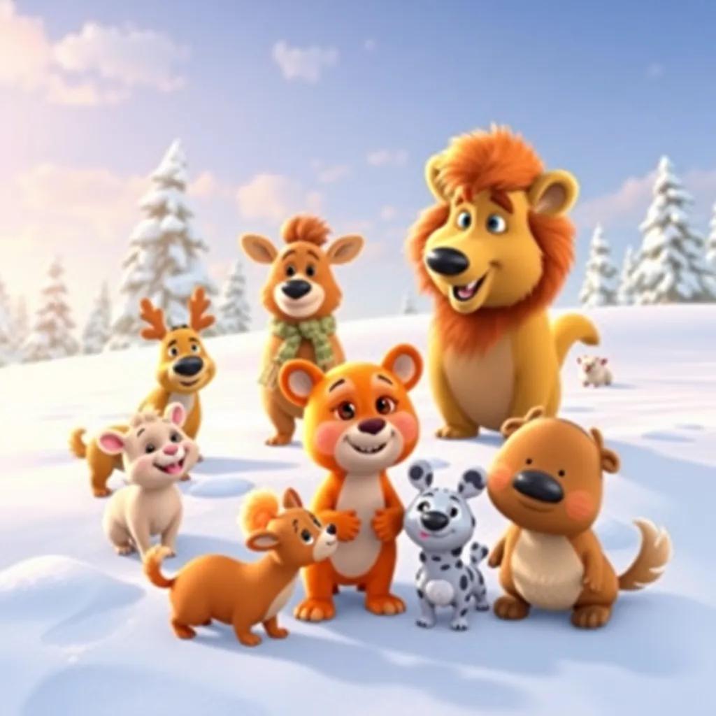 Sammy among the snowy landscape, showing all the animals coming together, a beautiful winter scene with trees and a soft sky, teamwork vibe, bright colors, heartwarming image, child-friendly, high quality