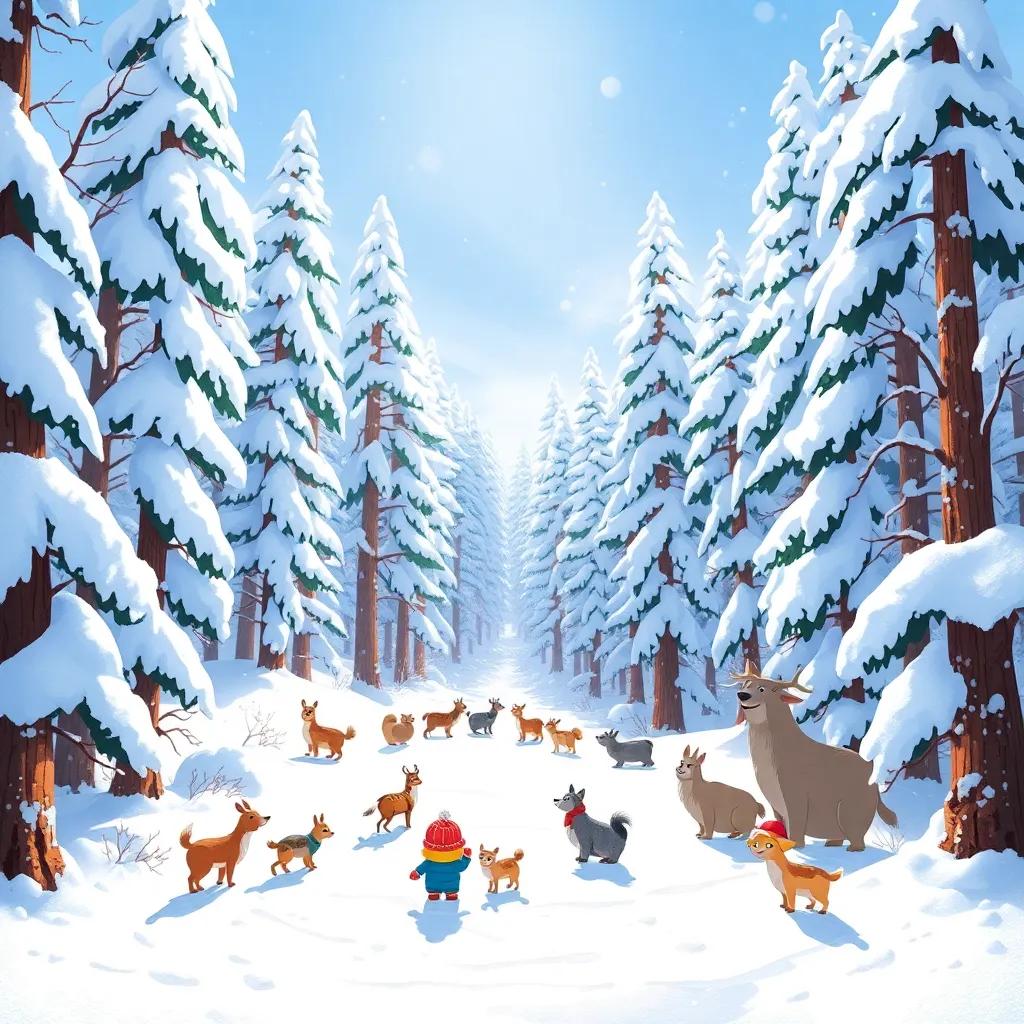 A magnificent snowy forest, with bright sunshine, animals playing around, a sense of community and togetherness in the air, joyful winter setting, colorful illustration, high quality