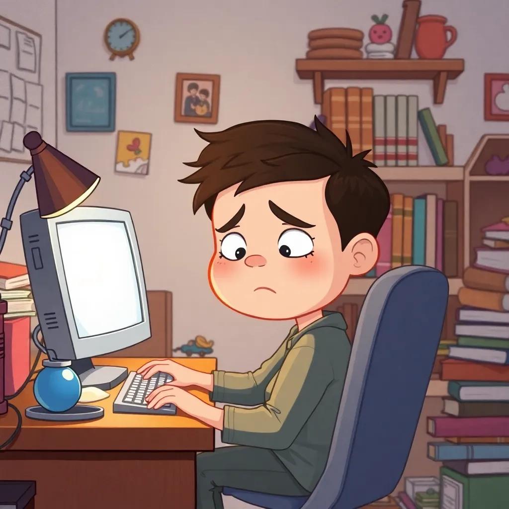 A young boy, Sammy, sitting at a messy desk with a slow computer, looking sad with slumped shoulders and a frown, a clutter of toys and books around him, whimsical art, pastel colors, cozy room, warm light, inviting atmosphere, high quality