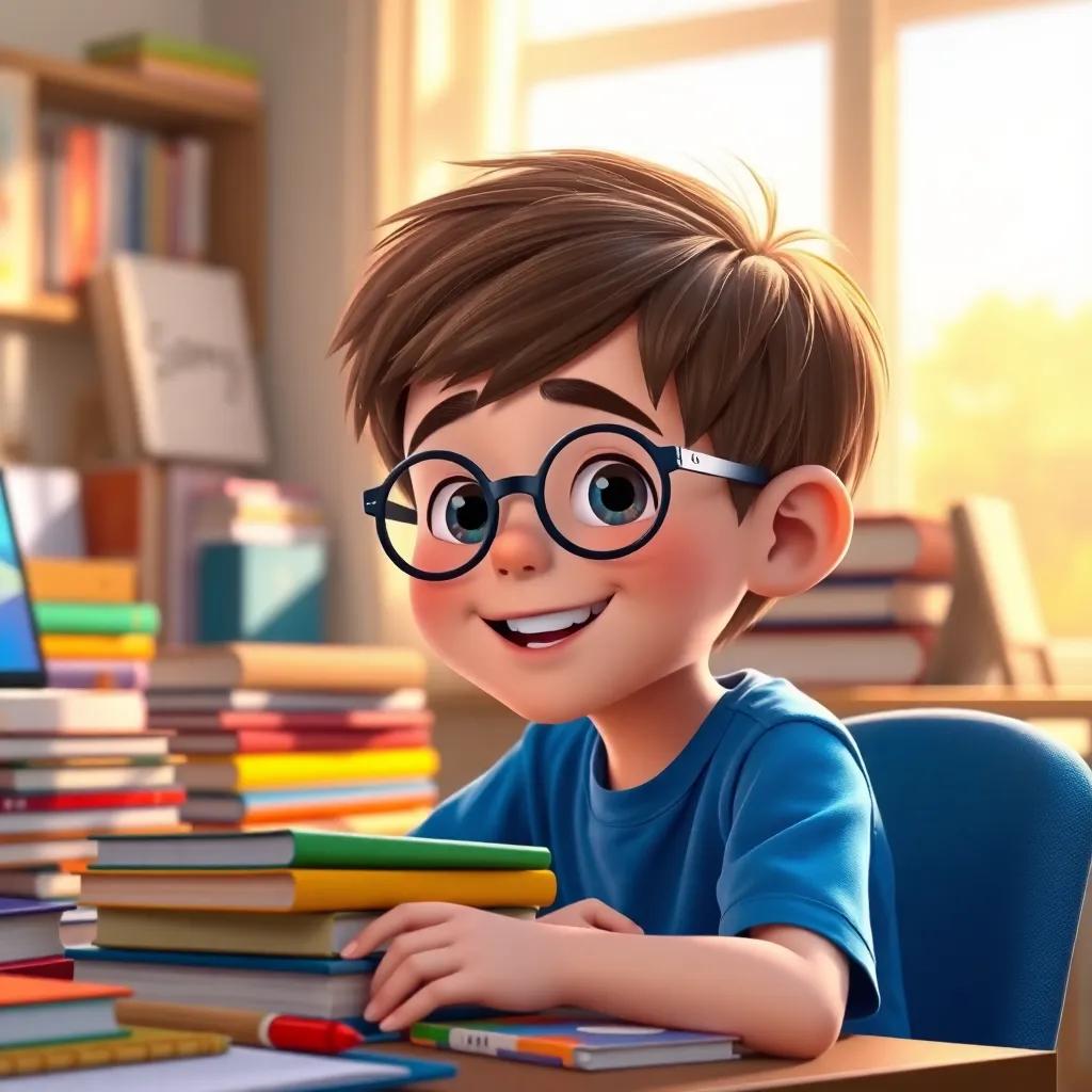 A young boy, Sammy, with short brown hair, wearing glasses and a blue t-shirt, sitting at a desk filled with colorful books and notebooks, cheerful expression, warm afternoon sunlight streaming through the window, digital art, bright colors, cozy atmosphere, high quality