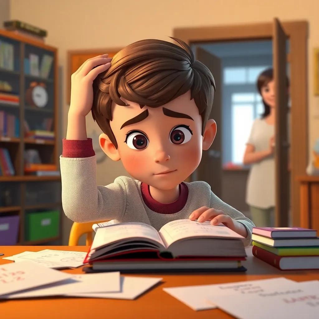 Sammy, a young boy, scratching his head in confusion over a math book at his desk, with papers and colorful books around him, looking determined, his mother peeking in the doorway with a supportive smile, warm light, inviting scene, detailed, child-friendly