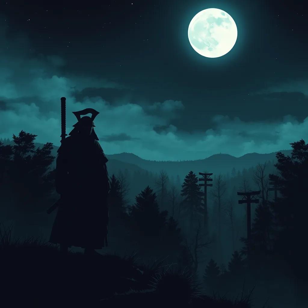 A dark night scene with a bright full moon overhead. Samurai Okai stands on a hill, looking down at a forest where quick-moving shadows hint at approaching ninja warriors dressed in black with masked faces.
