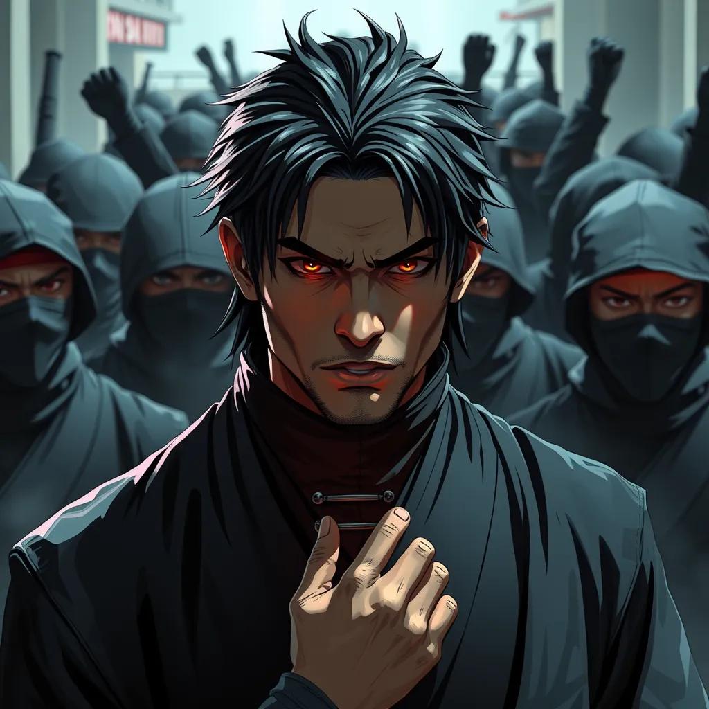 Okai taking a deep breath as ninja warriors approach. His expression is strong yet calm. The ninjas, in sleek black outfits, stop in front of him, whispering among themselves, creating a tense yet respectful atmosphere.