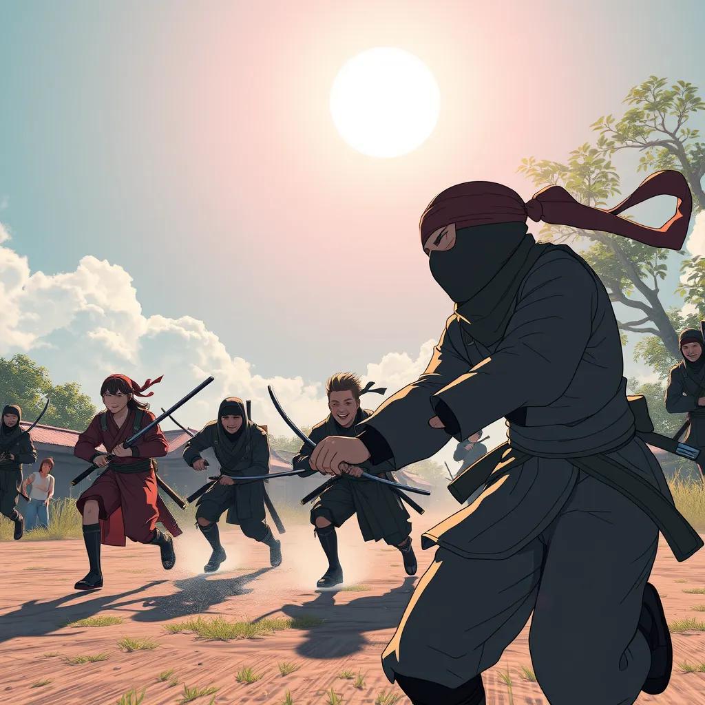 A friendly contest scene with Okai and ninjas racing and laughing together. The sun is shining, and they look happy, showcasing teamwork and playful spirits in a beautiful outdoor setting.