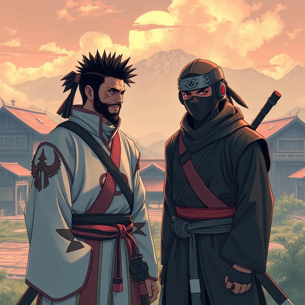 Okai and ninja warriors standing together in friendship. They smile and show respect for each other, with the village in the background, emphasizing the power of friendship over conflict.