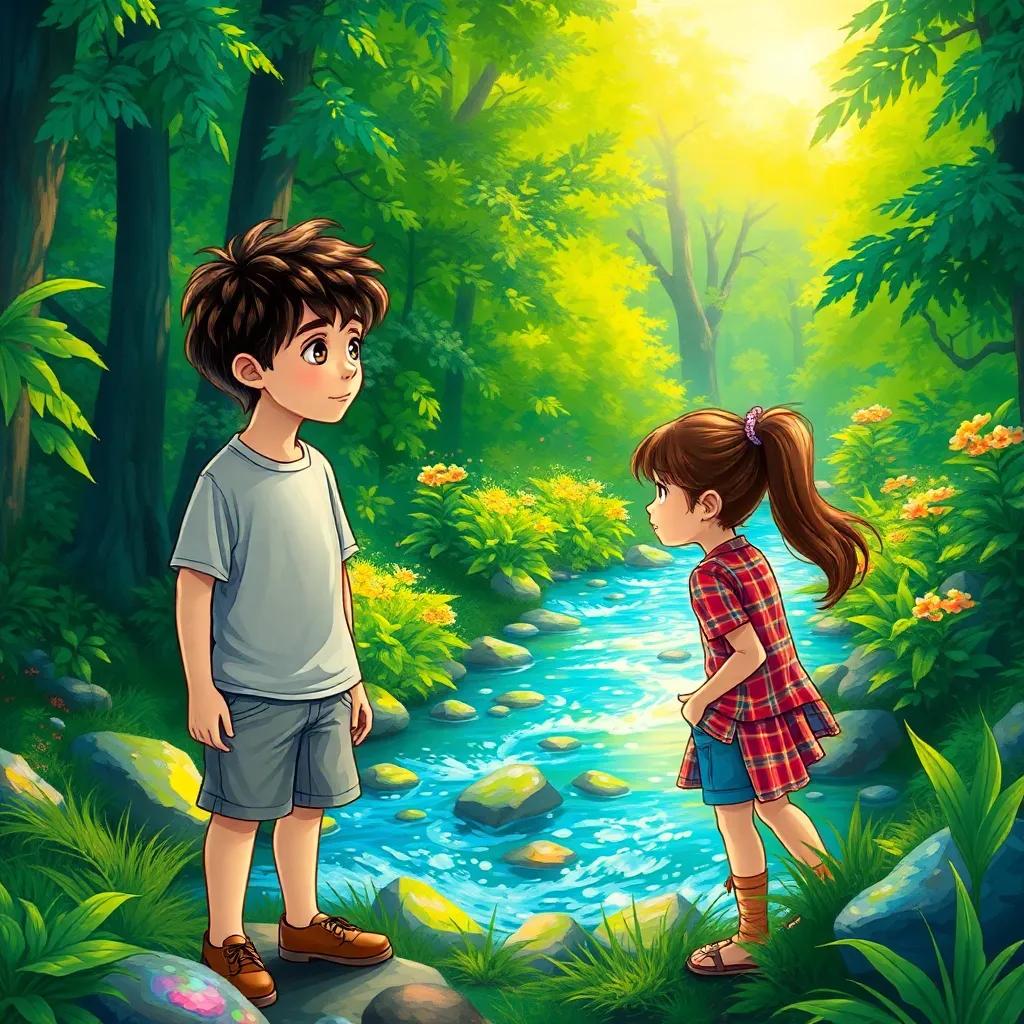 A boy, Samy, with curly hair wearing a t-shirt and shorts, and a girl, Lila, with long hair in a ponytail, exploring a lush green forest by a sparkling stream, looking amazed, colorful stones shining under the sunlight, fantasy illustration, magical, vibrant scene, high quality