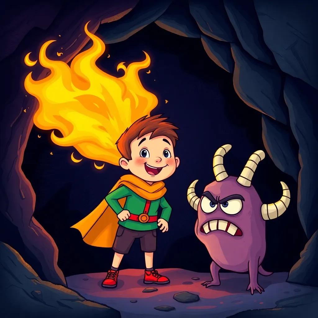Sanad, a brave little boy with a big smile, inside a dark cave, using his super power as he lets out a bright fiery fart, with a confused monster in front of him, colorful flames lighting up the cave and anxious expression on the monster's face, funny and adventurous, vivid colors, cartoonish style, high quality