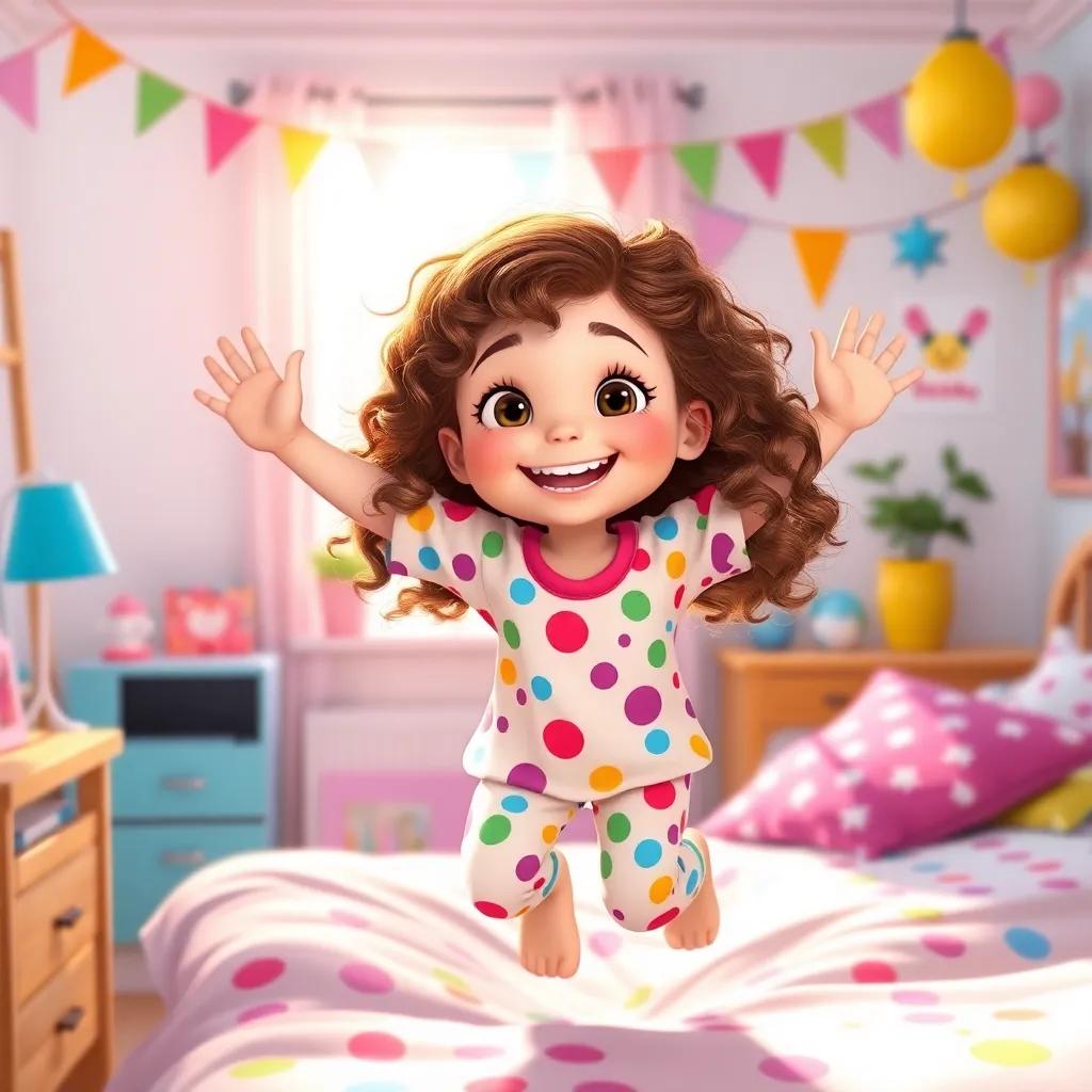A young girl, Sarah, with curly brown hair, wearing colorful pajamas, jumping out of bed in a bright room filled with morning light, colorful decorations, joyful atmosphere, cheerful, digital art, high quality