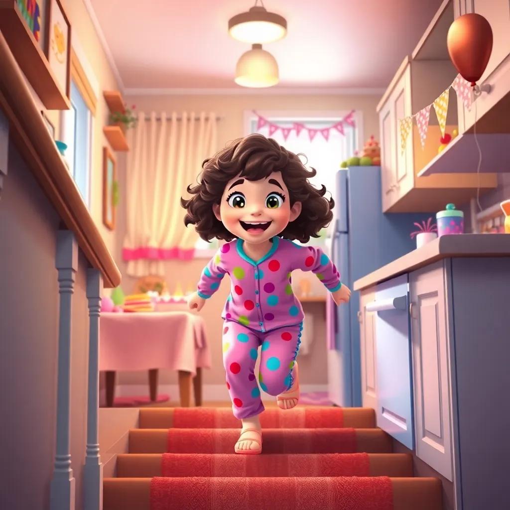 Sarah, a young girl with curly brown hair in colorful pajamas, rushing down stairs with a big smile, a cozy kitchen filled with delicious food and birthday decorations, warm light, bright colors, inviting scene, digital painting, high quality