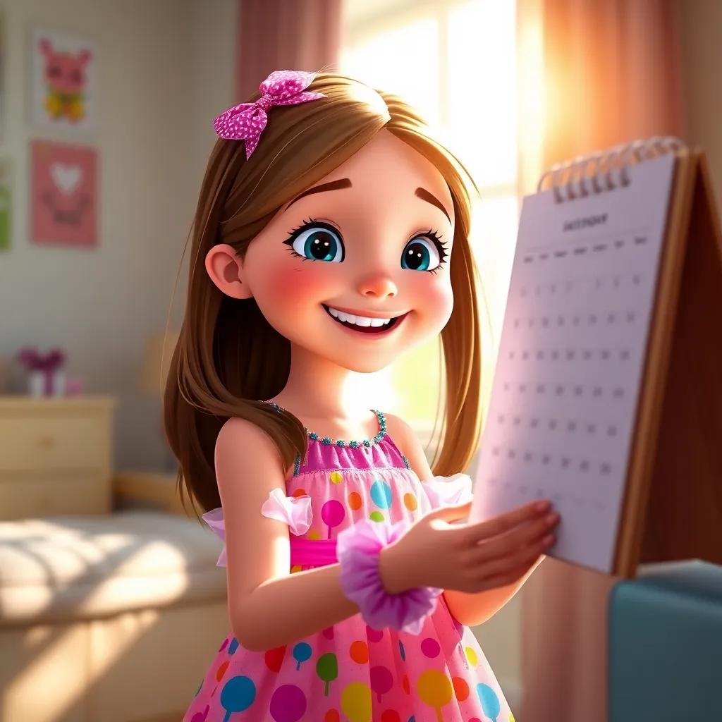 A young girl, Sarah, with long brown hair, wearing a colorful birthday dress, smiling brightly in her sunlit room, looking at a calendar, cheerful and excited, digital art, vibrant colors, warm light, joyful tone, high quality