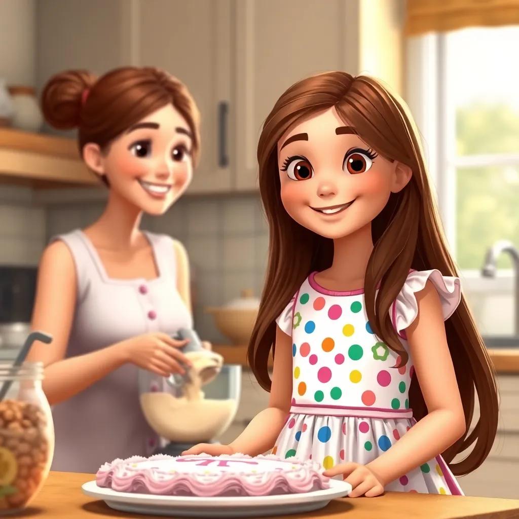 A young girl, Sarah, with long brown hair, wearing a colorful birthday dress, in the kitchen with her mother, who is mixing cake batter, both smiling and happy, homey scene, warm light, detailed, inviting atmosphere