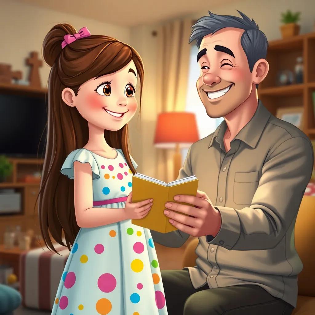A young girl, Sarah, with long brown hair, wearing a colorful birthday dress, receiving a notebook from her father, who is smiling and wearing a casual shirt, cozy living room, warm and loving atmosphere, heartwarming moment, high quality