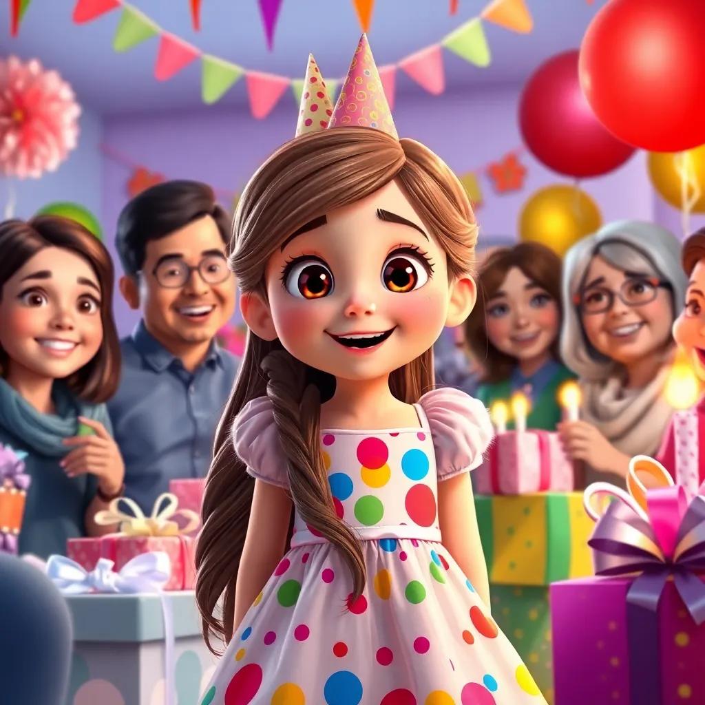A young girl, Sarah, with long brown hair, wearing a colorful birthday dress, surprised by her relatives at a birthday party, colorful decorations and gifts surrounding her, joyful faces, festive atmosphere, vibrant colors, high quality