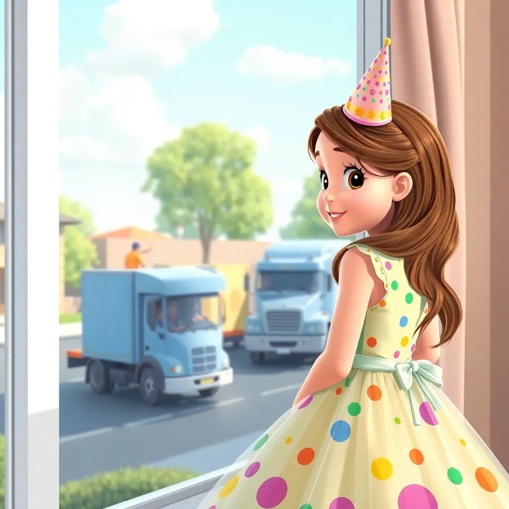 A young girl, Sarah, with long brown hair, wearing a colorful birthday dress, peering out of the window excitedly, trucks outside with friendly faces unloading boxes, welcoming scene, bright daylight, cheerful vibe, happy moment, high quality