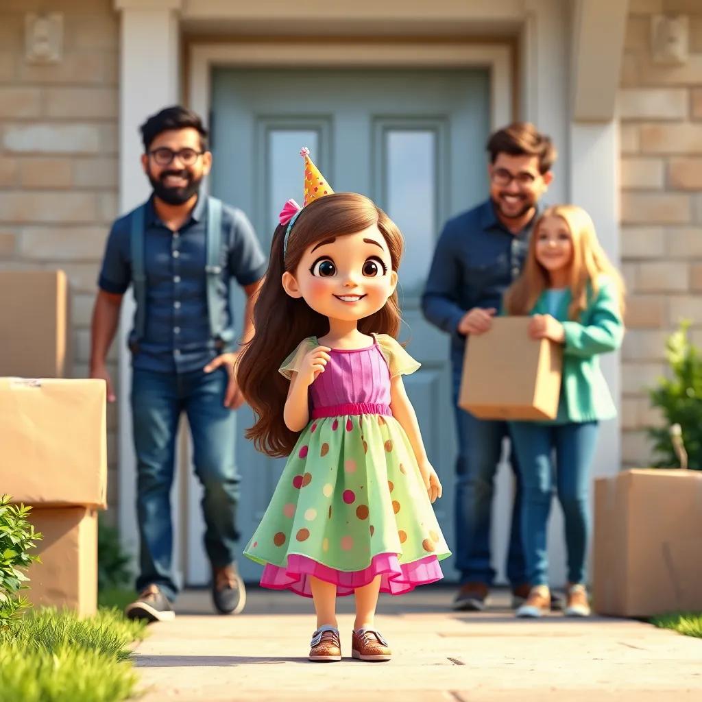 A young girl, Sarah, with long brown hair, wearing a colorful birthday dress, helping her brothers carry boxes with new neighbors outside, smiling and laughing together, community spirit, warm and friendly atmosphere, high quality